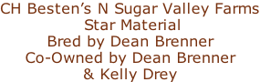 CH Besten’s N Sugar Valley Farms  Star Material  Bred by Dean Brenner Co-Owned by Dean Brenner  & Kelly Drey